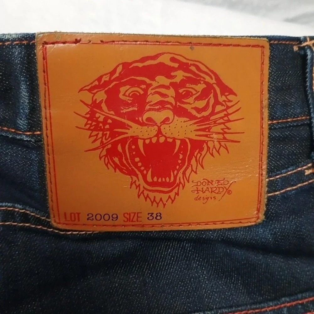 Ed Hardy Jeans Men 38x32 Blue Straight Relaxed Button Fly Distressed Embroidered